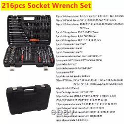 216 Pcs 1/2 3/8 1/4 Socket Wrench Bit Set Ratchet Spanner Car Repair Tool Kit