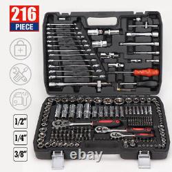 216Pcs Ratchet Spanner Socket Set 1/2 & 1/4 & 3/8 Car Repair Tool Kit Toolbox