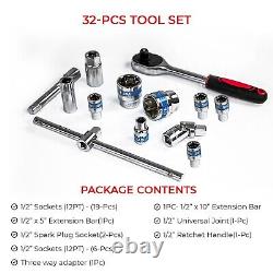 32pcs Socket Ratchet Wrench Set 1/2 Drive Car Repair Tool Kit Red
