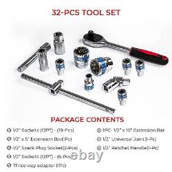 32pcs Spanner Socket Ratchet Wrench Set 1/2 Drive Car Repair Tool Kit Red