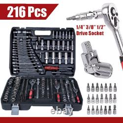 PROFESSIONAL 216PC SOCKET SET 1/2 1/4 & 3/8 RATCHET DRIVER TOOL KIT With CASE