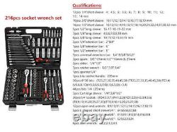 PROFESSIONAL 216PC SOCKET SET 1/2 1/4 & 3/8 RATCHET DRIVER TOOL KIT With CASE