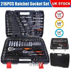 Professional 216 PCS Ratchet Socket Set 1/2 1/4 3/8 Spanners Tool Box Kit