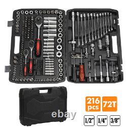 Professional 216 PCS Ratchet Spanner Socket Set 1/2 1/4 3/8 Tool Kit + Case