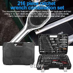 Professional 216 PCS Ratchet Spanner Socket Set 1/2 1/4 3/8 Tool Kit +Case