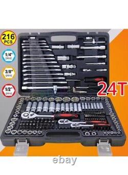 Professional 216 Pc Socket & Bit Set 1/4 3/8 1/2 Drive Ratchet Wrench Tool. Kit